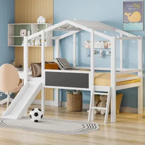 Merax Twin Loft Bed with Slide for Boys & Girls, Wood House Style with Blackboard & Light Strip, White