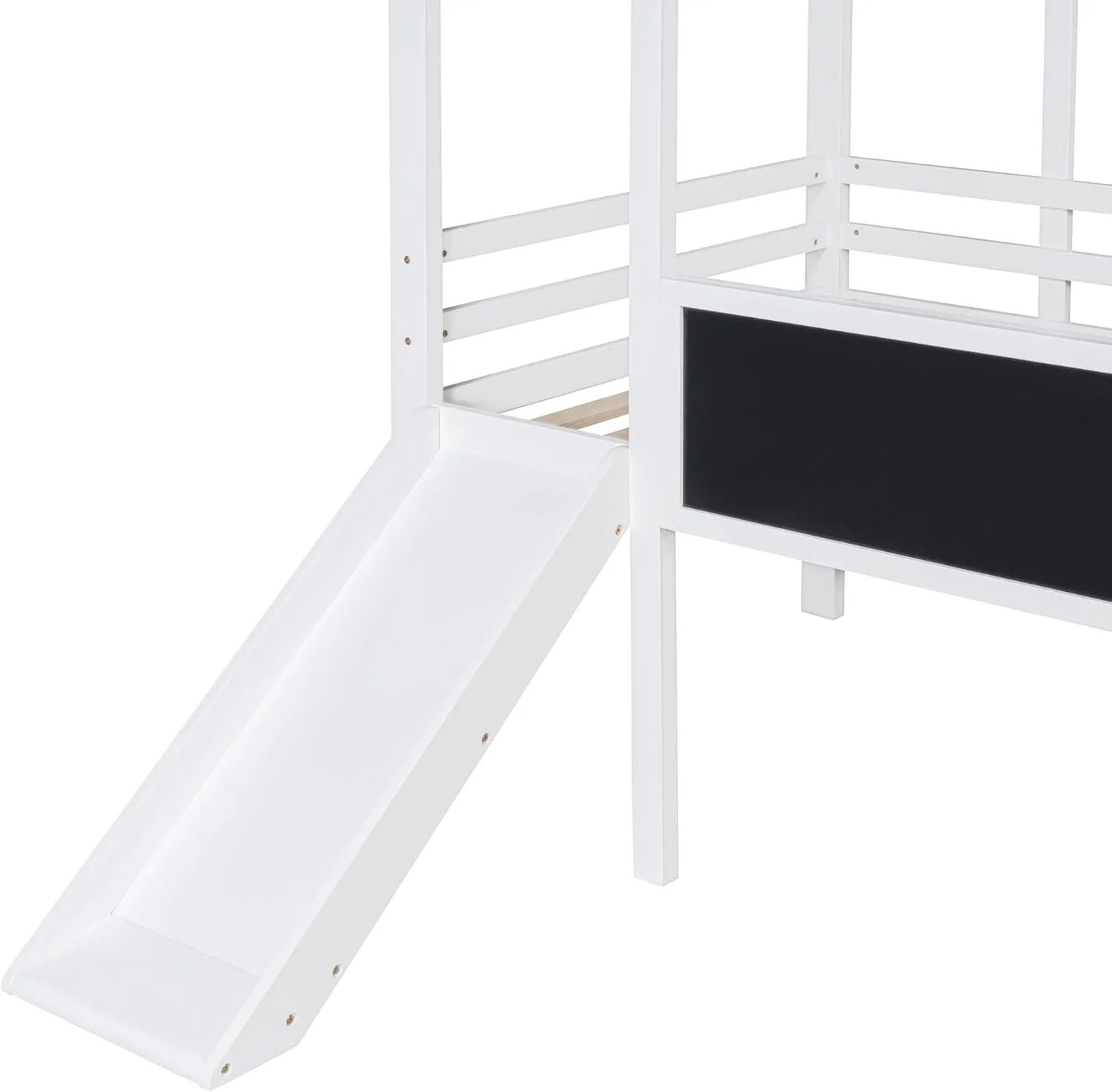 Merax Twin Loft Bed with Slide for Boys & Girls, Wood House Style with Blackboard & Light Strip, White
