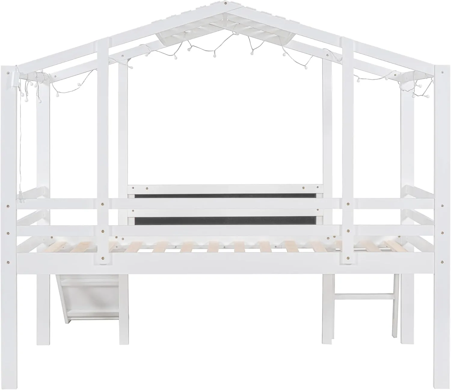 Merax Twin Loft Bed with Slide for Boys & Girls, Wood House Style with Blackboard & Light Strip, White