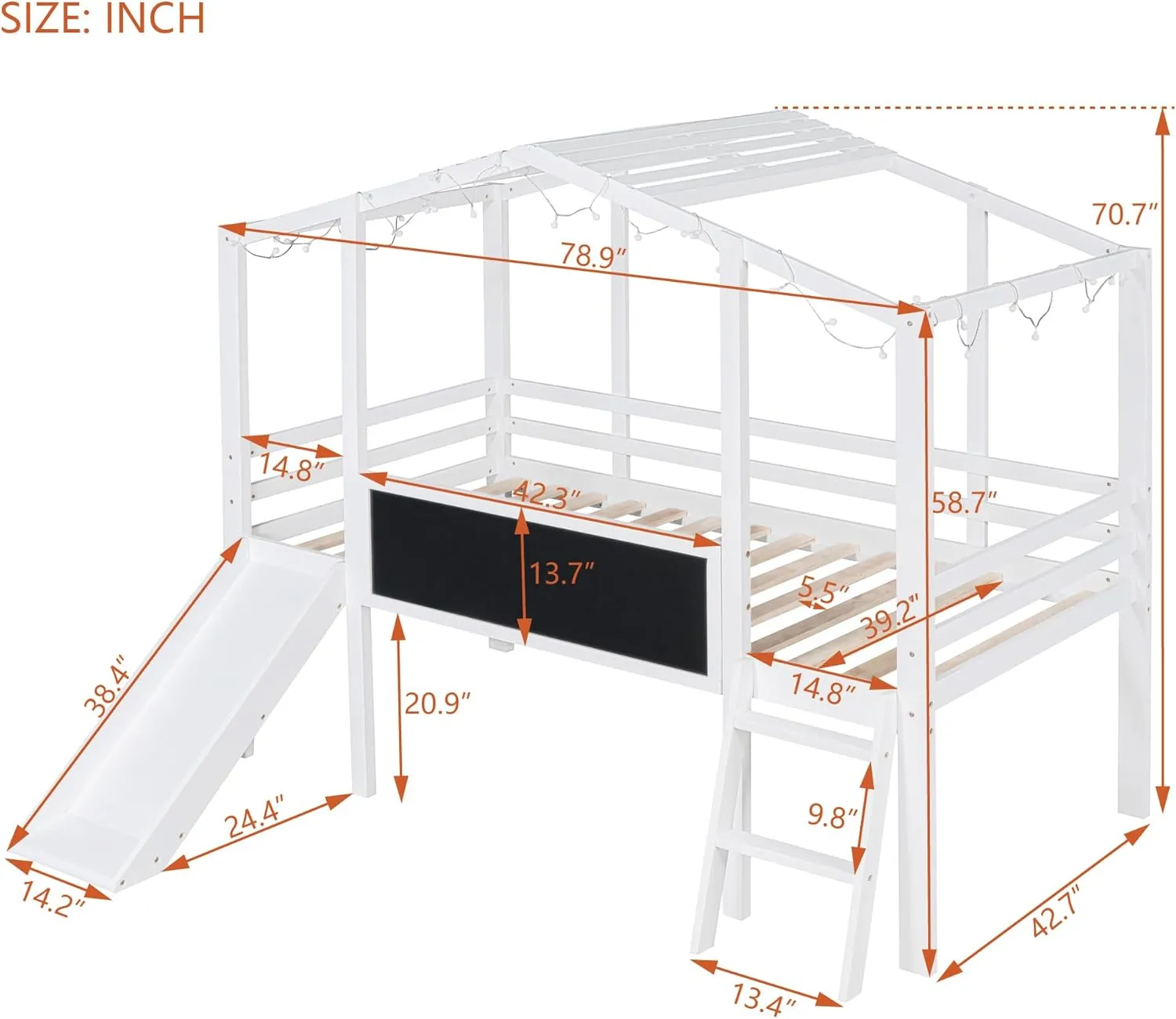 Merax Twin Loft Bed with Slide for Boys & Girls, Wood House Style with Blackboard & Light Strip, White