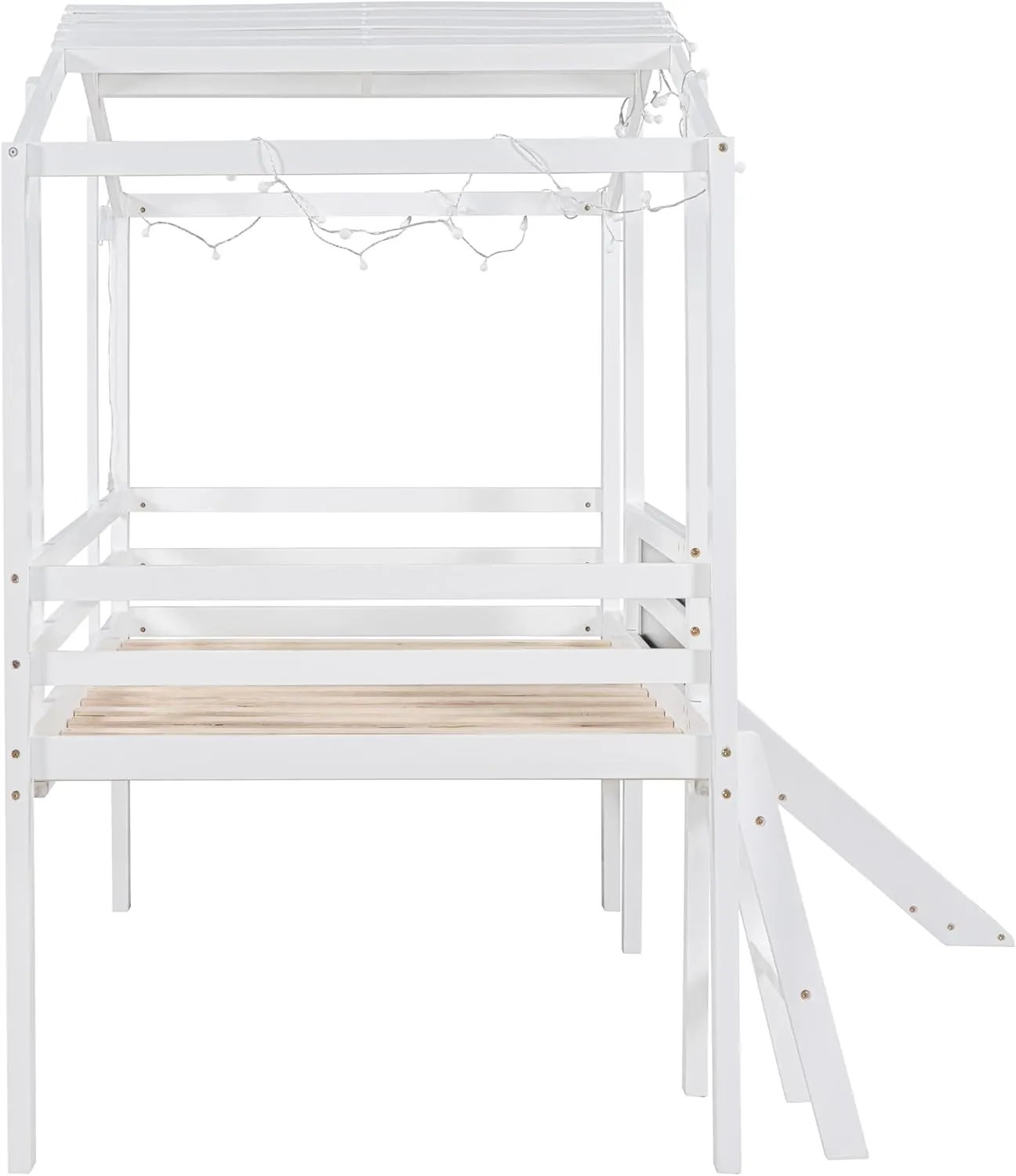 Merax Twin Loft Bed with Slide for Boys & Girls, Wood House Style with Blackboard & Light Strip, White