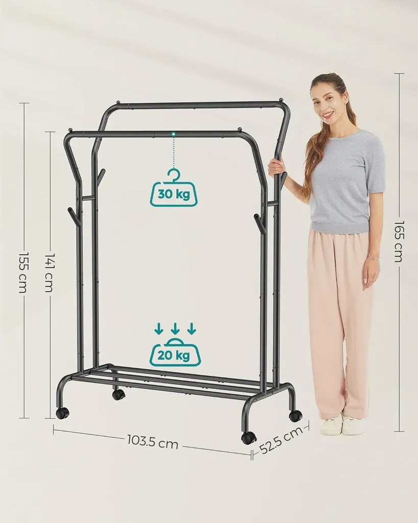 Metal Clothes Rack Double Rail with Wheels and Shelf - Black