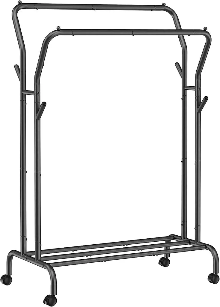 Metal Clothes Rack Double Rail with Wheels and Shelf - Black