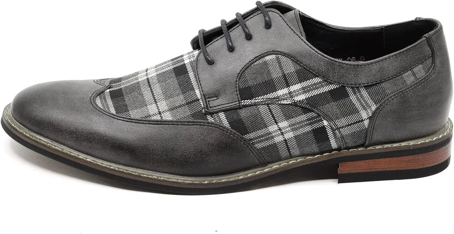 Metrocharm Alex-06 Men's Plaid Lace Up Wing Tip Classic Oxford Dress Shoes