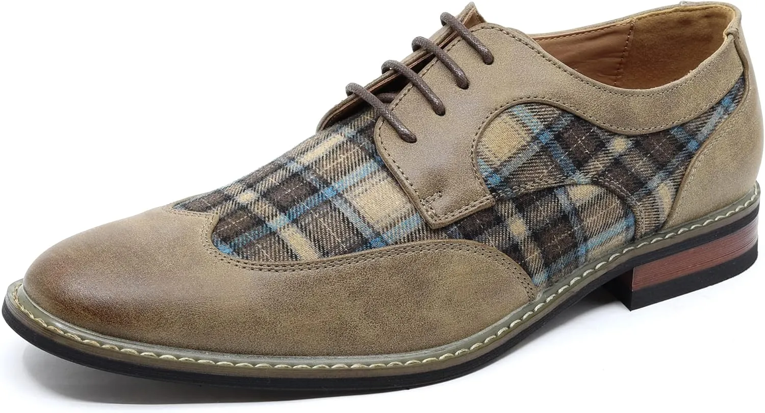 Metrocharm Alex-06 Men's Plaid Lace Up Wing Tip Classic Oxford Dress Shoes