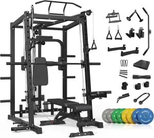 Mikolo All-in-One Smith Machine Home Gym, 2000LBS Power Cage with Cable Crossover System, Integrated Squat Rack with Weight Bar for Full-Body Training—LAT Pulldown, T-Bar Row, Triceps, Chest Fly