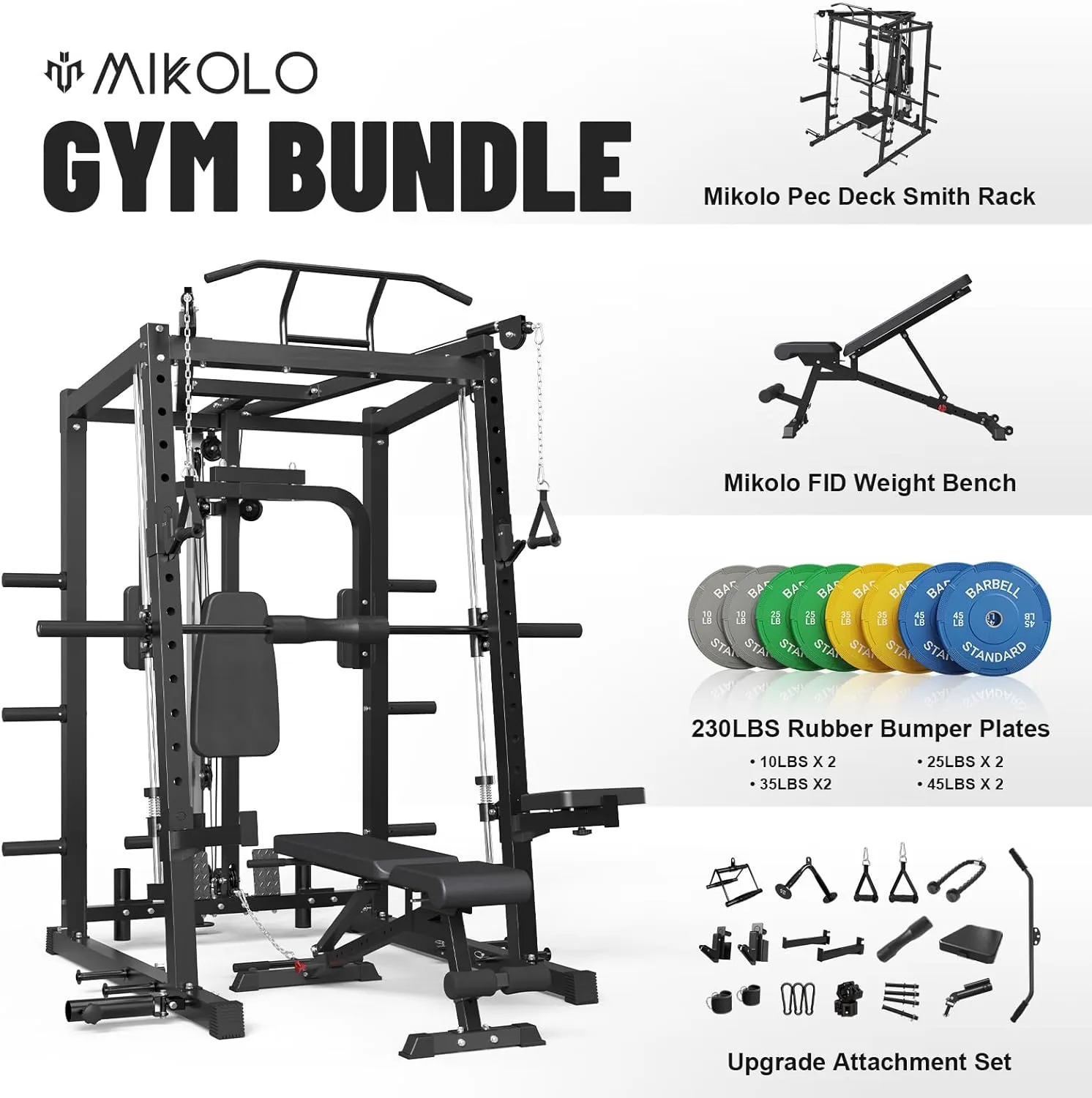 Mikolo All-in-One Smith Machine Home Gym, 2000LBS Power Cage with Cable Crossover System, Integrated Squat Rack with Weight Bar for Full-Body Training—LAT Pulldown, T-Bar Row, Triceps, Chest Fly