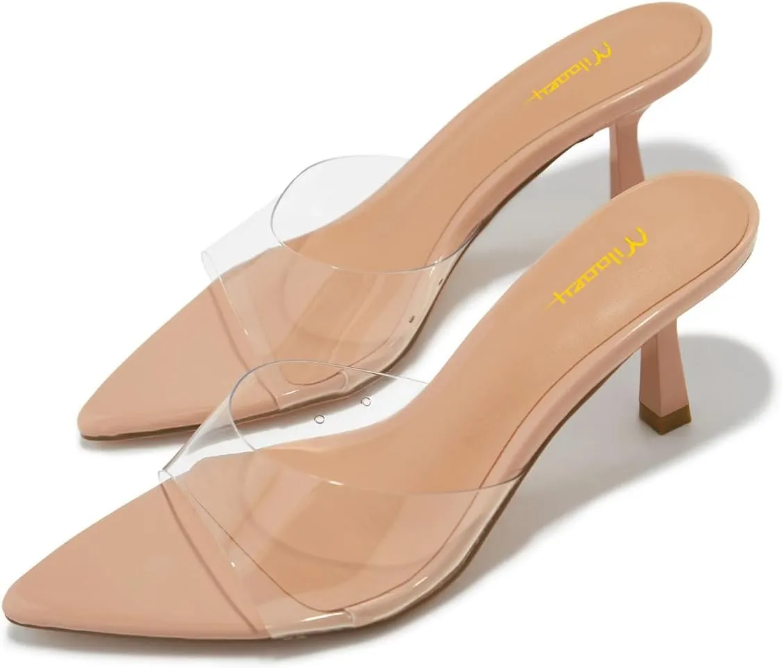 Milooey shoes Women's Comfy Kitten Heel Mules Open Pointed Toe Slide Sandals Cute Backless Slippers Slip On Dress Party Wedding Shoe Size 4-16 US