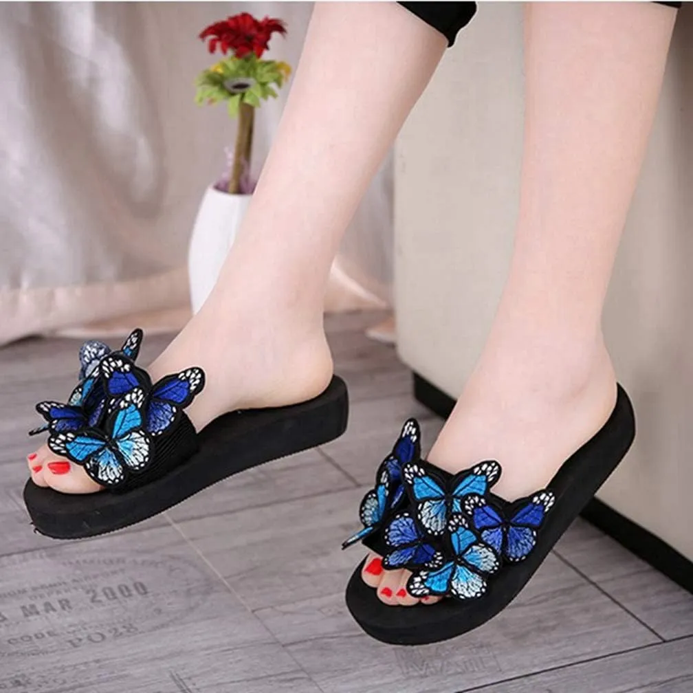 MIOKE Summer Flat Slide Sandals For Womens Butterfly Platform Low Heel Comfy Nonslip Casual Beach Sandals