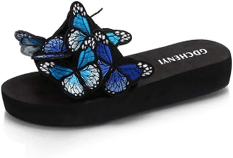 MIOKE Summer Flat Slide Sandals For Womens Butterfly Platform Low Heel Comfy Nonslip Casual Beach Sandals