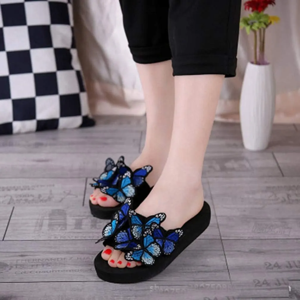 MIOKE Summer Flat Slide Sandals For Womens Butterfly Platform Low Heel Comfy Nonslip Casual Beach Sandals