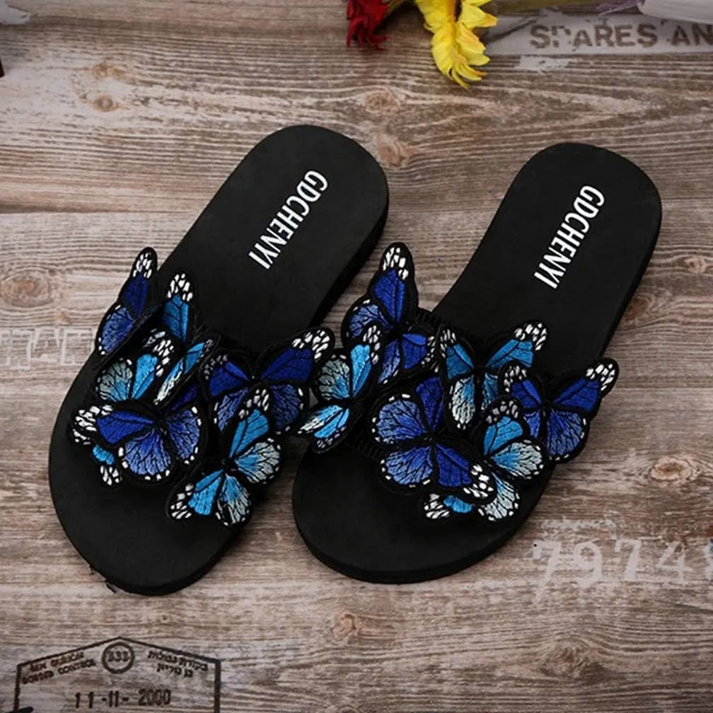 MIOKE Summer Flat Slide Sandals For Womens Butterfly Platform Low Heel Comfy Nonslip Casual Beach Sandals