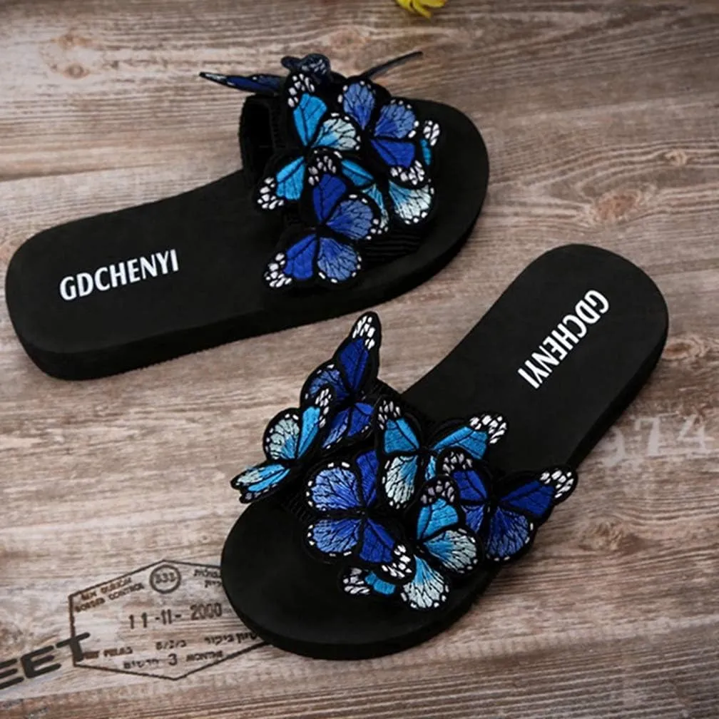 MIOKE Summer Flat Slide Sandals For Womens Butterfly Platform Low Heel Comfy Nonslip Casual Beach Sandals