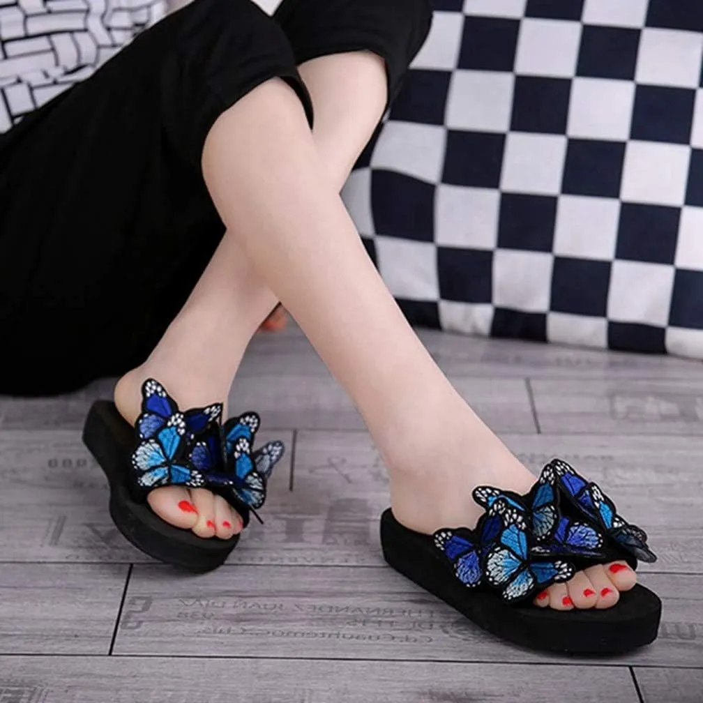 MIOKE Summer Flat Slide Sandals For Womens Butterfly Platform Low Heel Comfy Nonslip Casual Beach Sandals