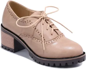 MIOKE Women's Block Mid Heel Oxford Pumps Wingtip Perforated Lace Up Patent Leather Vintage Dress Shoes