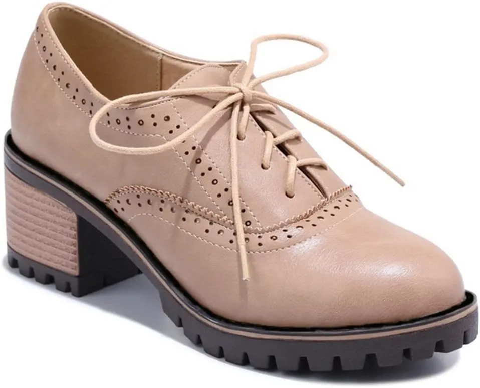 MIOKE Women's Block Mid Heel Oxford Pumps Wingtip Perforated Lace Up Patent Leather Vintage Dress Shoes
