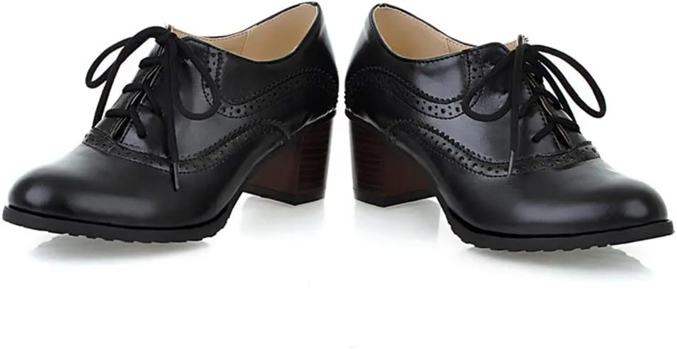 MIOKE Women's Vintage Pump Oxfords Brogues Lace Up Wingtip Perforated Chunky Mid Block Heel Dress Shoes