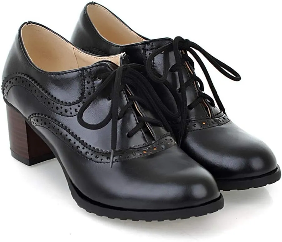 MIOKE Women's Vintage Pump Oxfords Brogues Lace Up Wingtip Perforated Chunky Mid Block Heel Dress Shoes