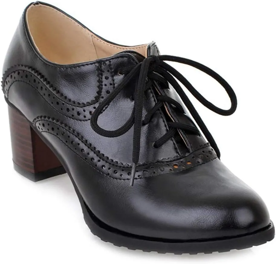 MIOKE Women's Vintage Pump Oxfords Brogues Lace Up Wingtip Perforated Chunky Mid Block Heel Dress Shoes