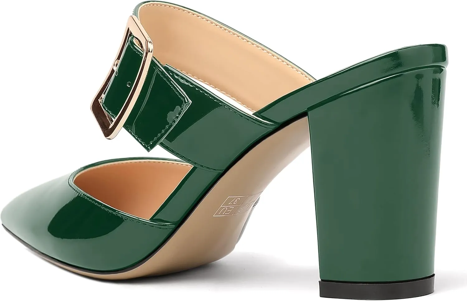 MODENCOCO Women's Patent Strap Pointed Toe Block High Heel Pumps Heeled Slide Sandals Shoes 3.5 Inch