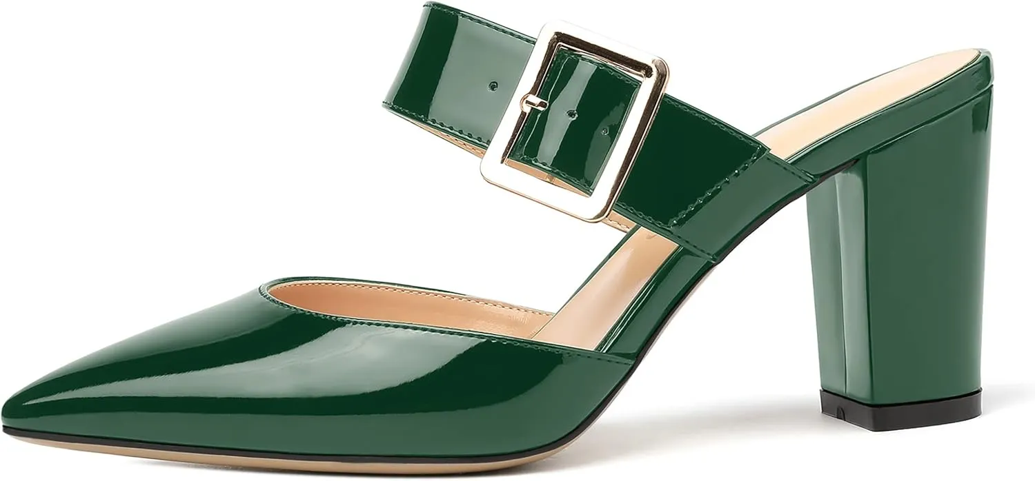 MODENCOCO Women's Patent Strap Pointed Toe Block High Heel Pumps Heeled Slide Sandals Shoes 3.5 Inch