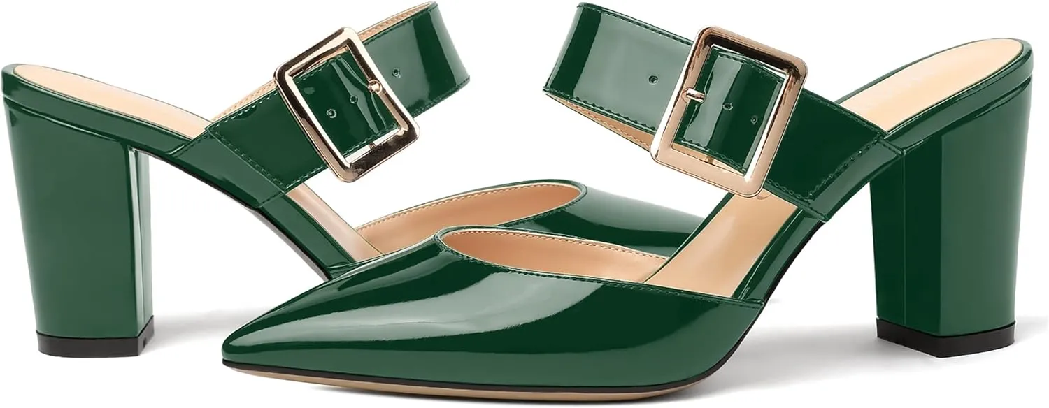 MODENCOCO Women's Patent Strap Pointed Toe Block High Heel Pumps Heeled Slide Sandals Shoes 3.5 Inch