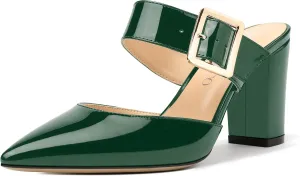 MODENCOCO Women's Patent Strap Pointed Toe Block High Heel Pumps Heeled Slide Sandals Shoes 3.5 Inch