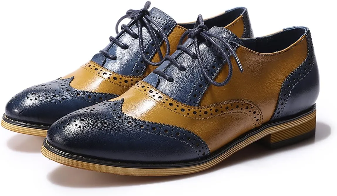 Mona flying Womens Vintage Wingtip Oxfords Ladies Lace up Leather Shoes