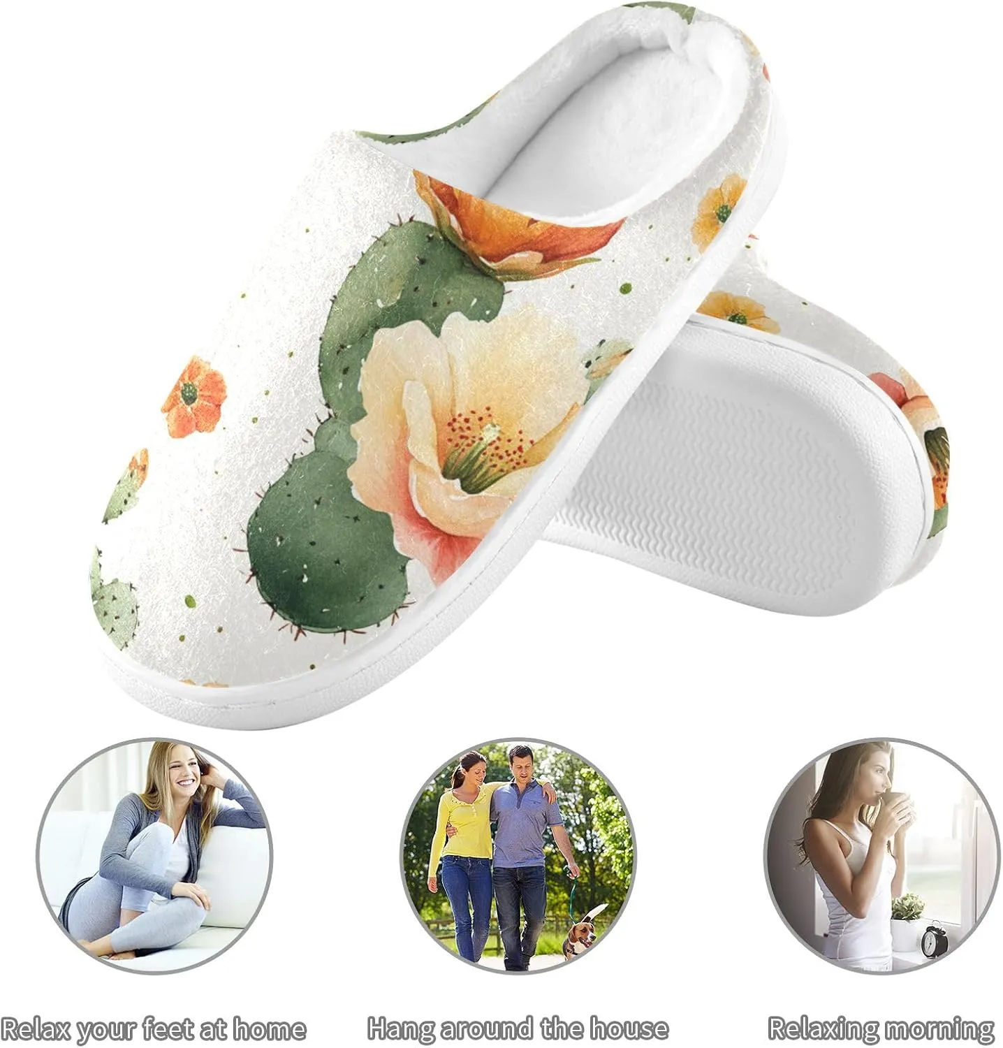 Nature Cactus Retro Style Floral Comfy Fuzzy Slippers Fuzzy Slide Slippers with Memory Foam for Men Bedroom 6-7