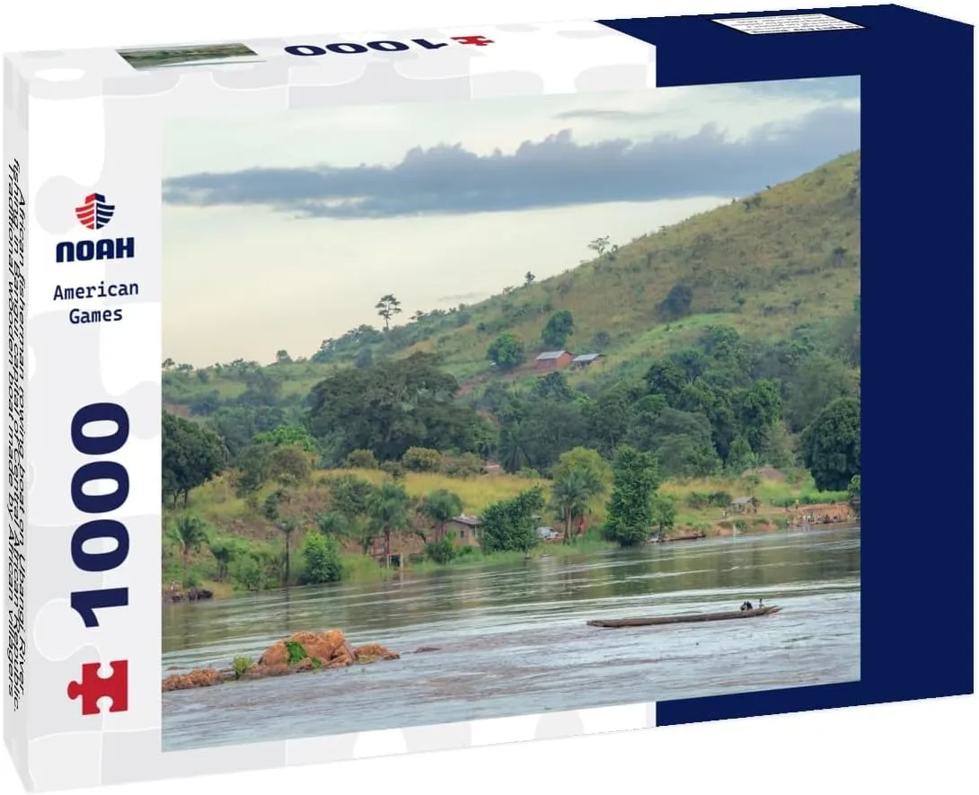 Noah Jigsaw Puzzle African Fisherman Rowing Boat on Ubangi River, Fishing in Bangui Capital of Central African Republic. Traditional Wooden Boat Made by African Villagers 1000 Pieces