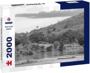 Noah Jigsaw Puzzle African Fisherman Rowing Boat on Ubangi River, Fishing in Bangui Capital of Central African Republic. Traditional Wooden Boat Made by African Villagers in Black White 2000 Pieces