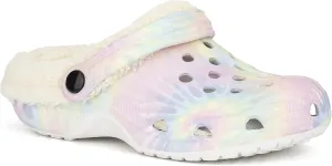 Olivia Miller Kid's Girl Fashion Shoes, White Pastel Tie Dye EVA Quilted Faux Fur Slip-On Back Strap Clogs Slippers Slide Sandals