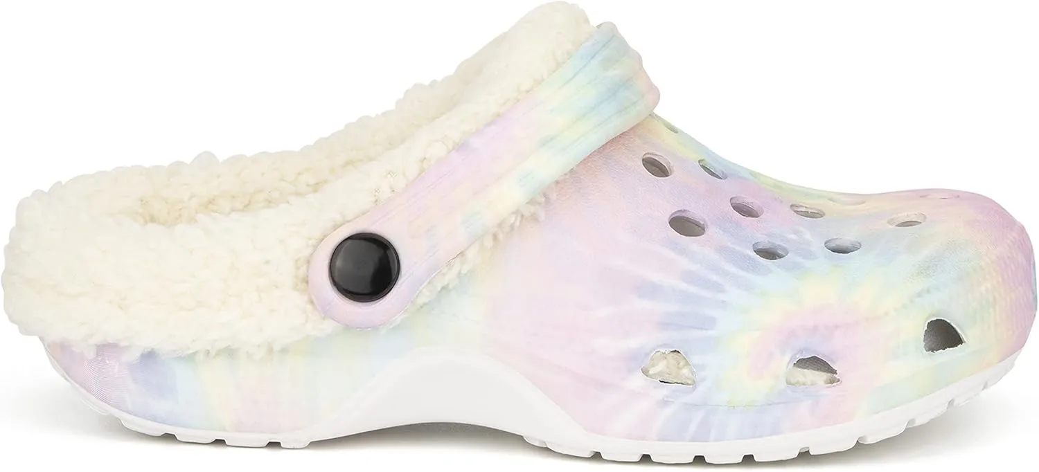 Olivia Miller Kid's Girl Fashion Shoes, White Pastel Tie Dye EVA Quilted Faux Fur Slip-On Back Strap Clogs Slippers Slide Sandals