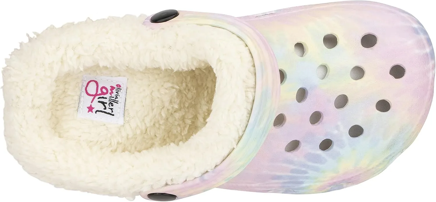 Olivia Miller Kid's Girl Fashion Shoes, White Pastel Tie Dye EVA Quilted Faux Fur Slip-On Back Strap Clogs Slippers Slide Sandals