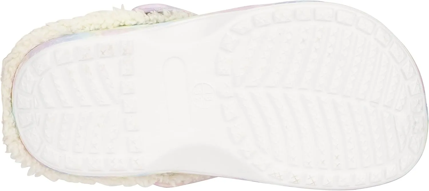 Olivia Miller Kid's Girl Fashion Shoes, White Pastel Tie Dye EVA Quilted Faux Fur Slip-On Back Strap Clogs Slippers Slide Sandals