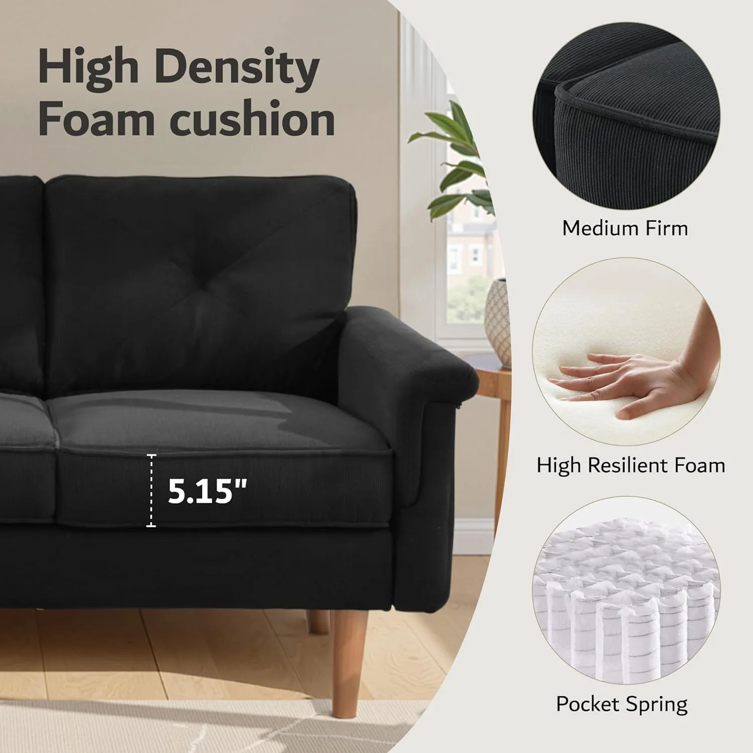 ovios Luxury 3 Seater Sofa with Faux Leather,Mid-Century Modern Couch with Comfortable Armrest,Comfy Couches with Deep Seat,Small Sofas for Living Room Bedroom (Black)