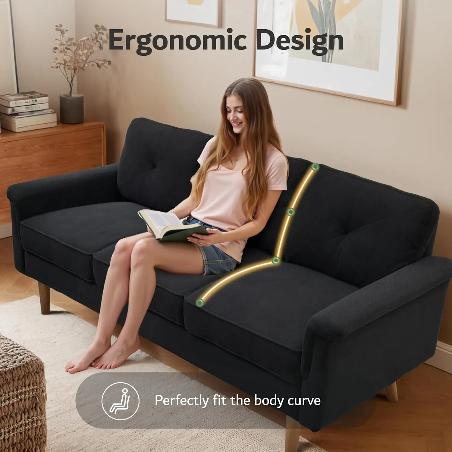 ovios Luxury 3 Seater Sofa with Faux Leather,Mid-Century Modern Couch with Comfortable Armrest,Comfy Couches with Deep Seat,Small Sofas for Living Room Bedroom (Black)