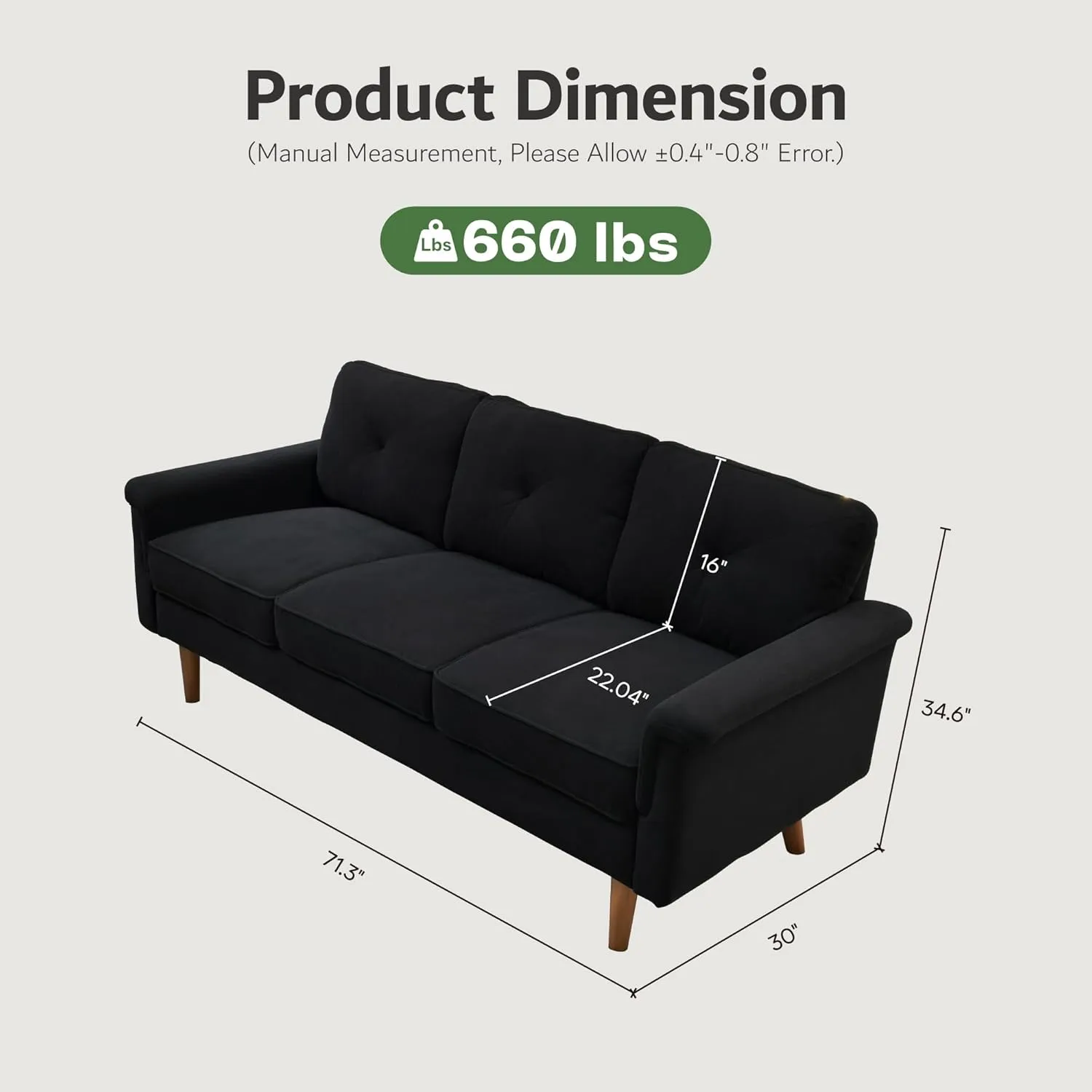 ovios Luxury 3 Seater Sofa with Faux Leather,Mid-Century Modern Couch with Comfortable Armrest,Comfy Couches with Deep Seat,Small Sofas for Living Room Bedroom (Black)