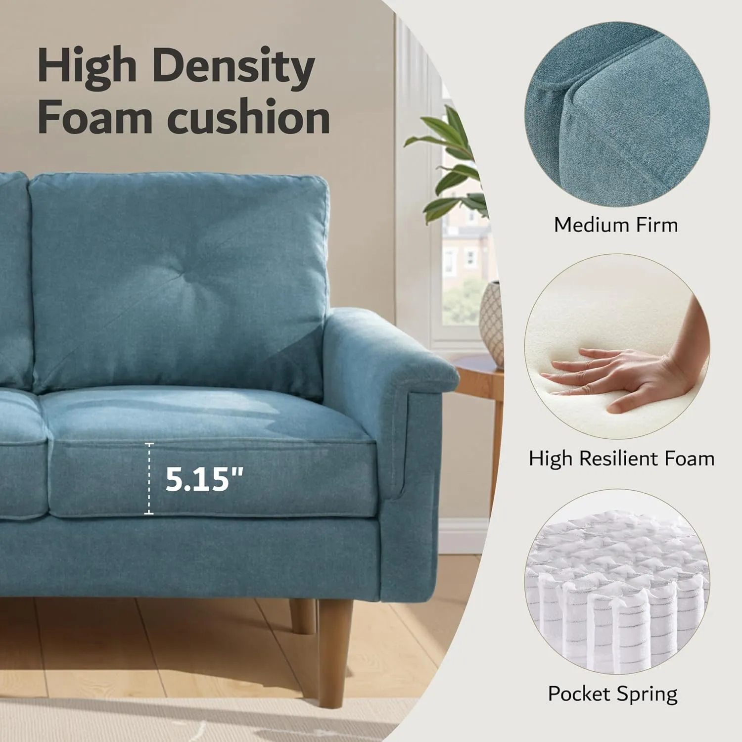ovios Luxury 3 Seater Sofa with Faux Leather,Mid-Century Modern Couch with Comfortable Armrest,Comfy Couches with Deep Seat,Small Sofas for Living Room Bedroom (Light Blure)