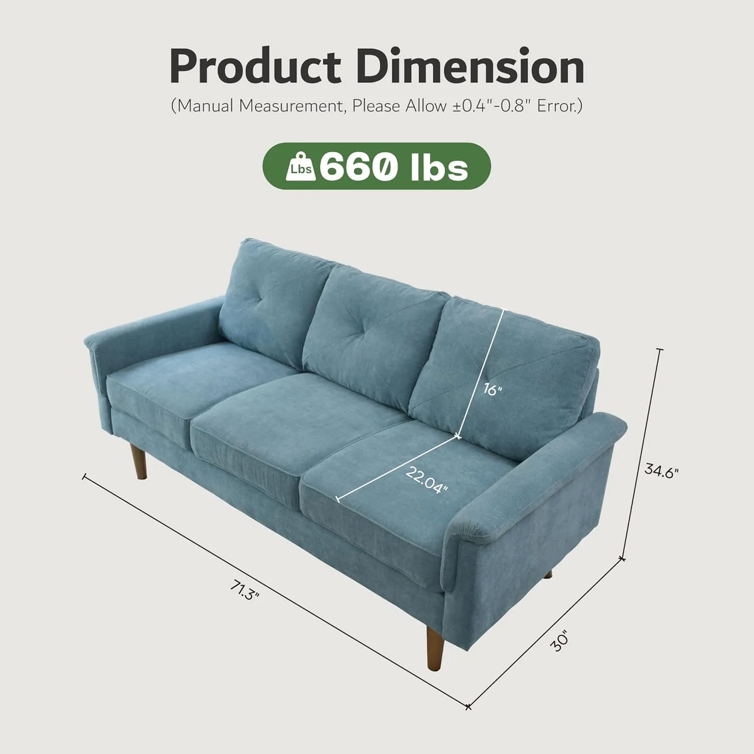 ovios Luxury 3 Seater Sofa with Faux Leather,Mid-Century Modern Couch with Comfortable Armrest,Comfy Couches with Deep Seat,Small Sofas for Living Room Bedroom (Light Blure)