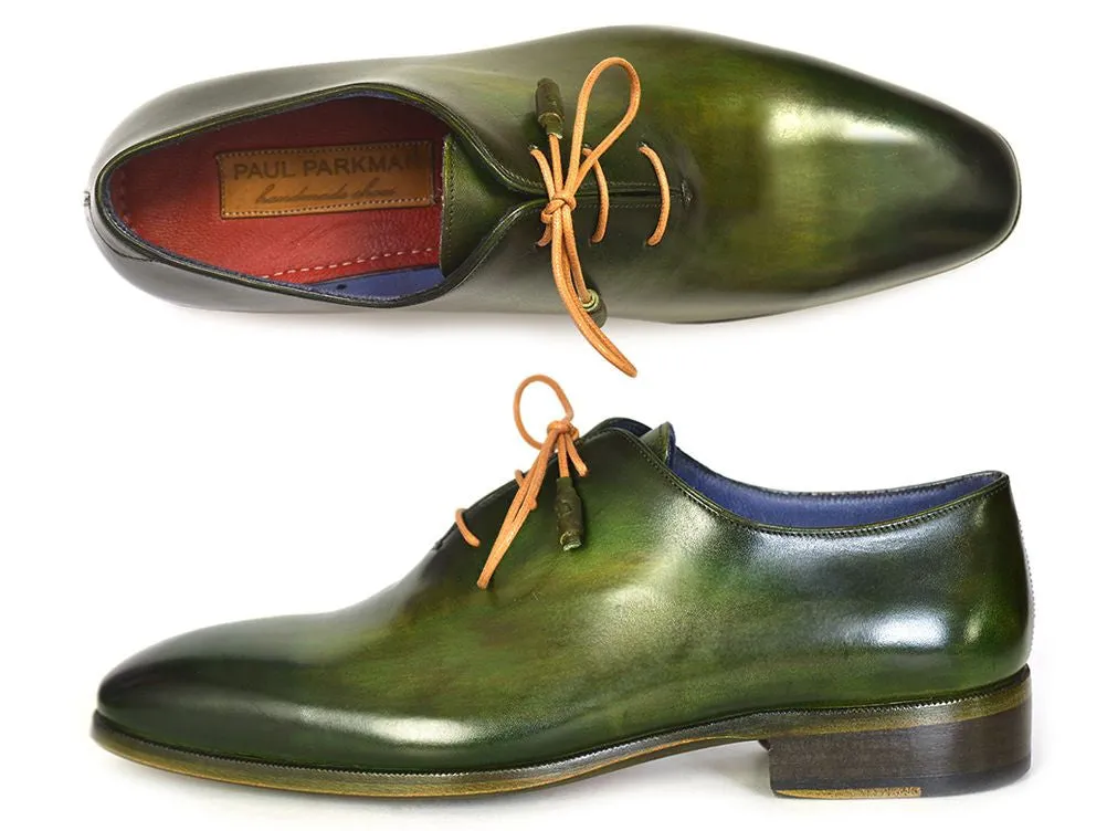 PAUL PARKMAN WHOLECUT PLAIN TOE OXFORDS GREEN HANPAINTED LEATHER