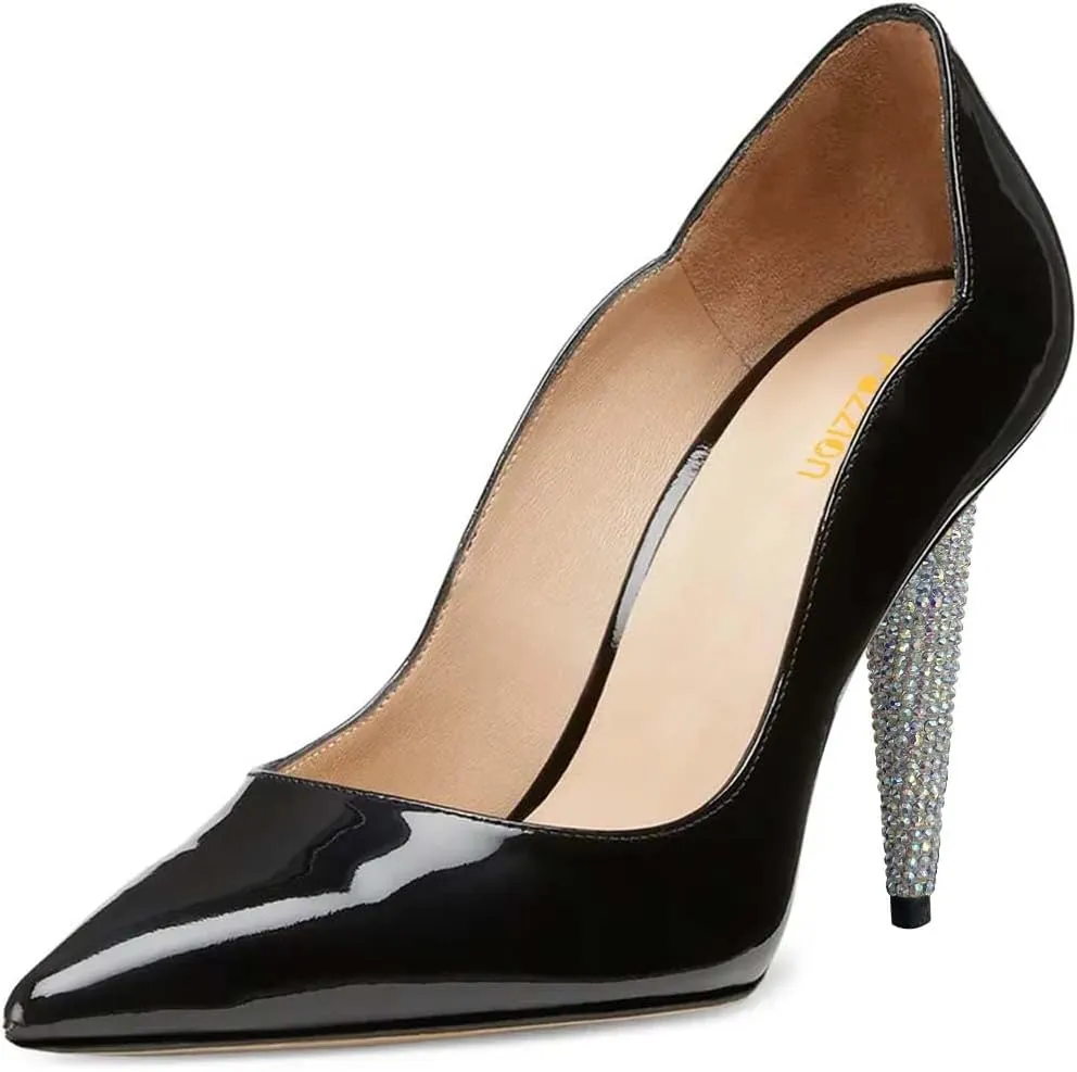 Pazzion Women Basic Closed Pointy Toe Cone Heel Pumps Rhinestone Slip On High Heels Fashion Commuting Office Shoes Size 4-16 US