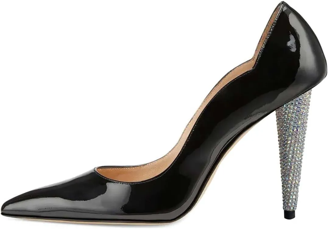Pazzion Women Basic Closed Pointy Toe Cone Heel Pumps Rhinestone Slip On High Heels Fashion Commuting Office Shoes Size 4-16 US