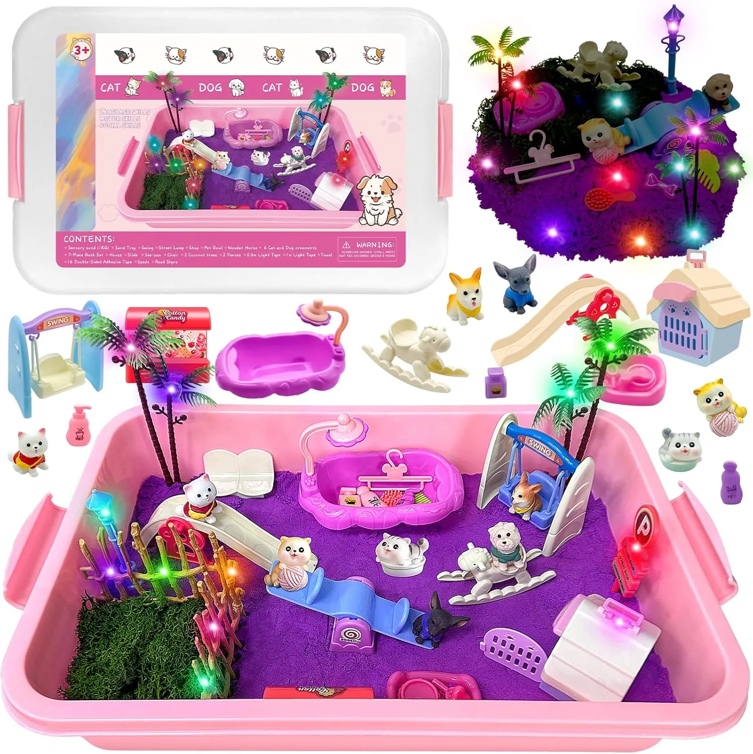 Pet Toys Bins for Kids, Sand Kit Sets With Lights, Cat and Dog Care Toys, Play Sand Kit, Suitable as Presents for 3-10 Year Old