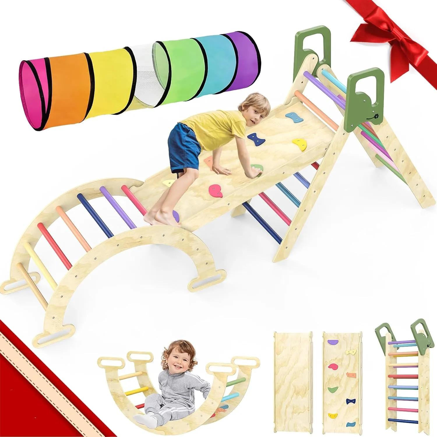Pikler Triangle Set, 8-in-1 Indoor Jungle Gym with Kids Play Tunnel, Indoor Playground Jungle Gym for Toddlers, Foldable Wooden Montessori Climbing Set with Arch, Ramp & Ladder for Toddlers, Kids(M)