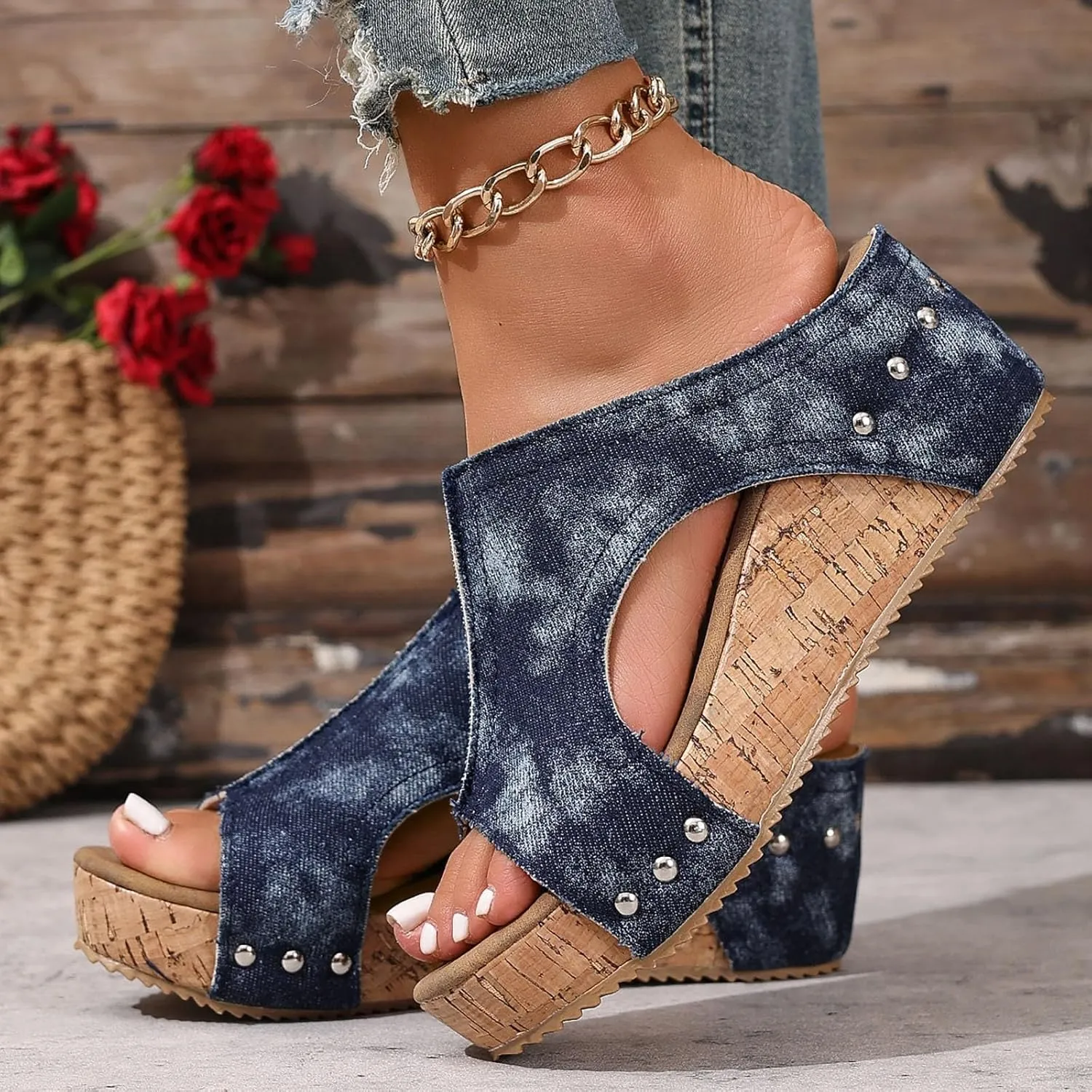 Platform Sandals Women Thick Sole Cork Wedge Sandals Comfy Wide Width Non-Slip Open Toe Summer Beach Slides Sandals