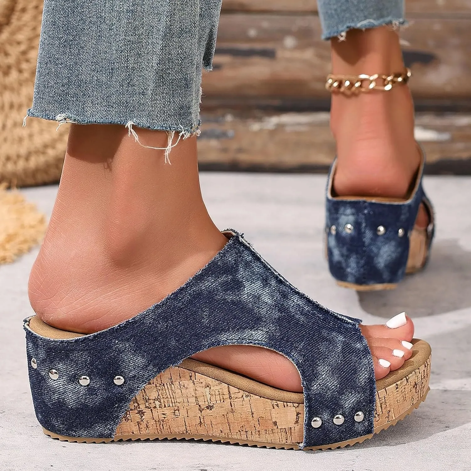 Platform Sandals Women Thick Sole Cork Wedge Sandals Comfy Wide Width Non-Slip Open Toe Summer Beach Slides Sandals
