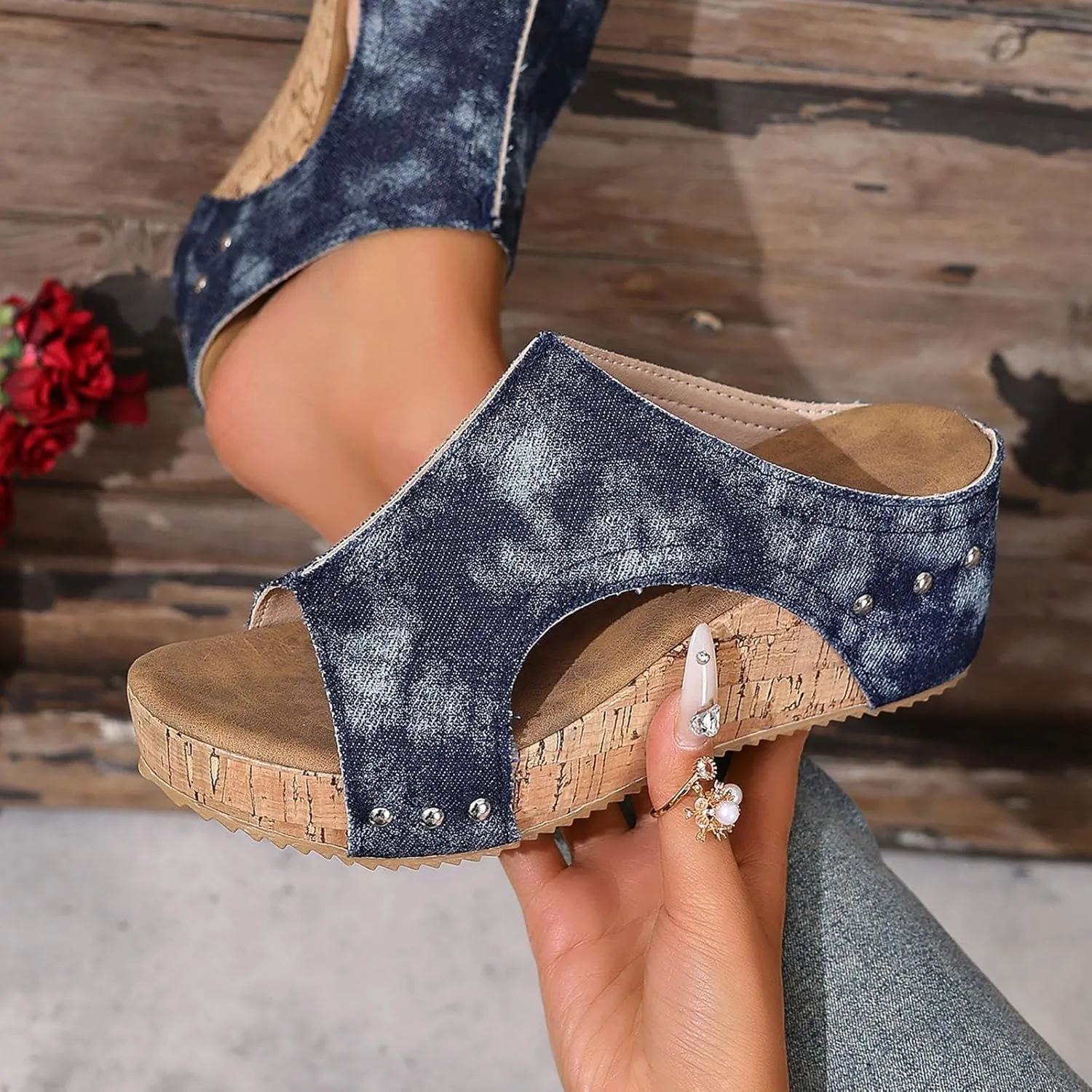 Platform Sandals Women Thick Sole Cork Wedge Sandals Comfy Wide Width Non-Slip Open Toe Summer Beach Slides Sandals