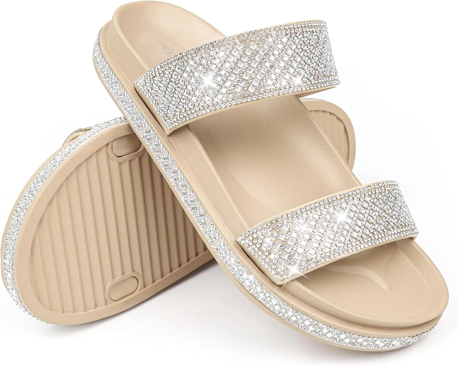 Platform Sandals Women,Womens Sandals with Rhinestone Dressy-Sandals Women Glitter Open-Toe Double Strap Arch-Support Slides Summer Sandals Vacation Comfortable