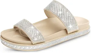 Platform Sandals Women,Womens Sandals with Rhinestone Dressy-Sandals Women Glitter Open-Toe Double Strap Arch-Support Slides Summer Sandals Vacation Comfortable